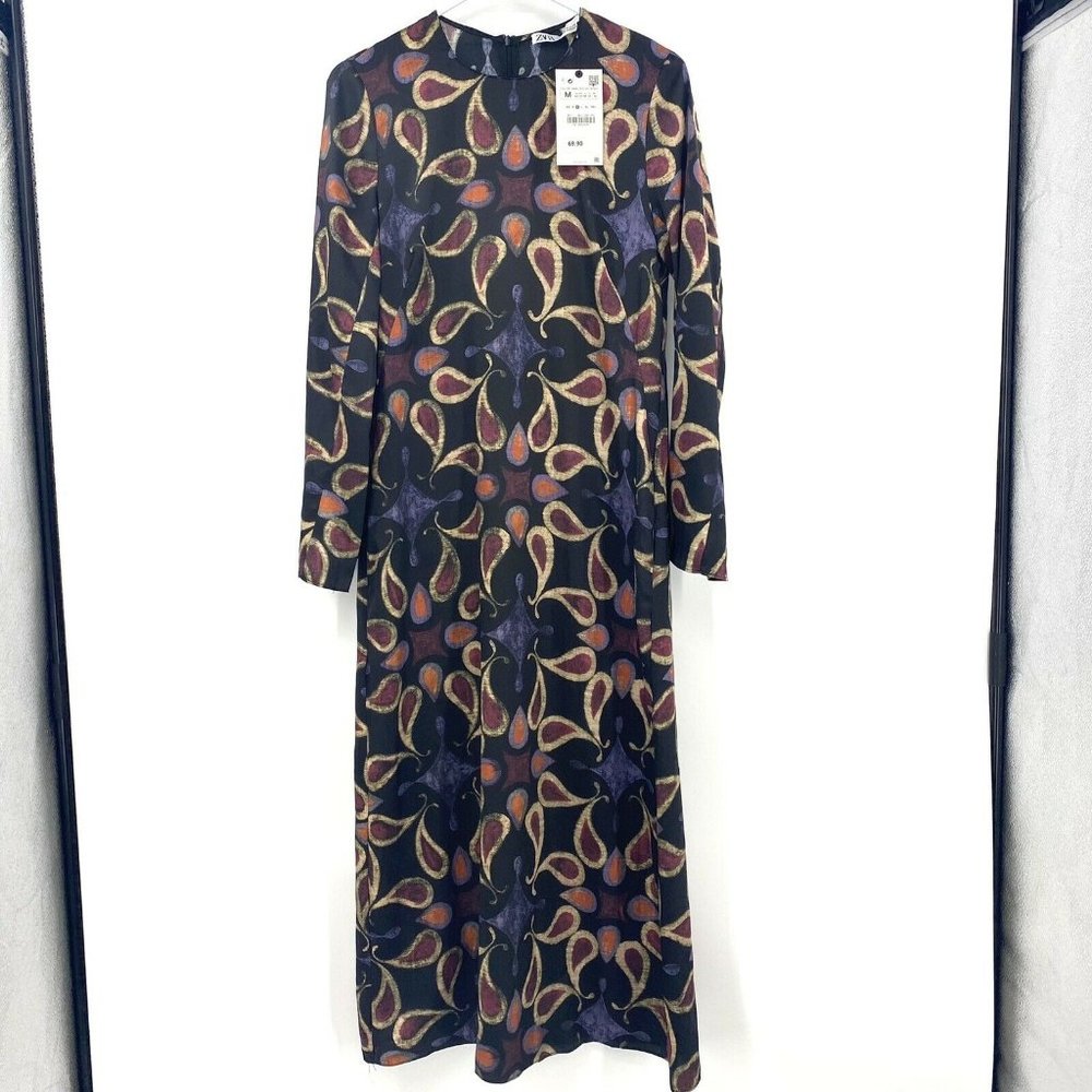 NWT Zara Bold Print Boho Long Dress Paisley Womens Size Medium